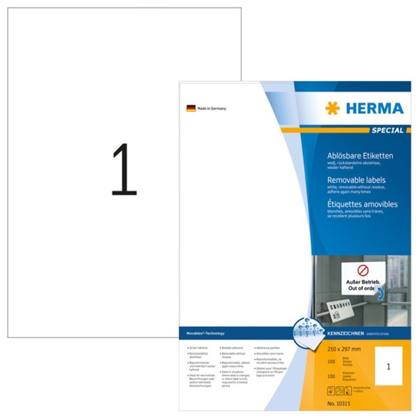 Image HERMA Etiketten A4 weiß 210x297 mm ablösb. Papier 100 St.