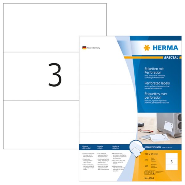 Image HERMA Etiketten A4 weiß 210x99 mm perforiert Papier 300 St.