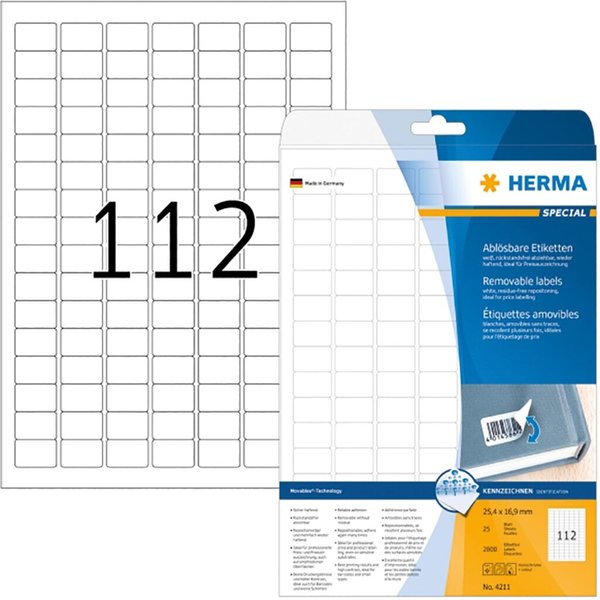 Image HERMA Etiketten A4 weiß 25,4x16,9 mm ablösb. Papier 2800 St.