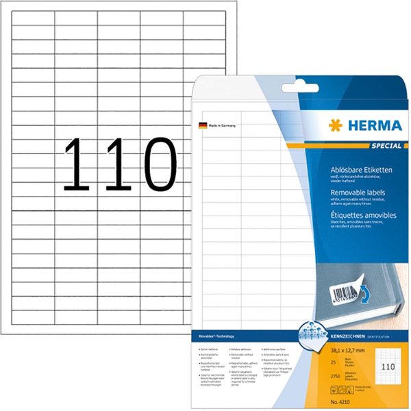 Image HERMA Etiketten A4 weiß 38,1x12,7 mm ablösb. Papier 2750 St.