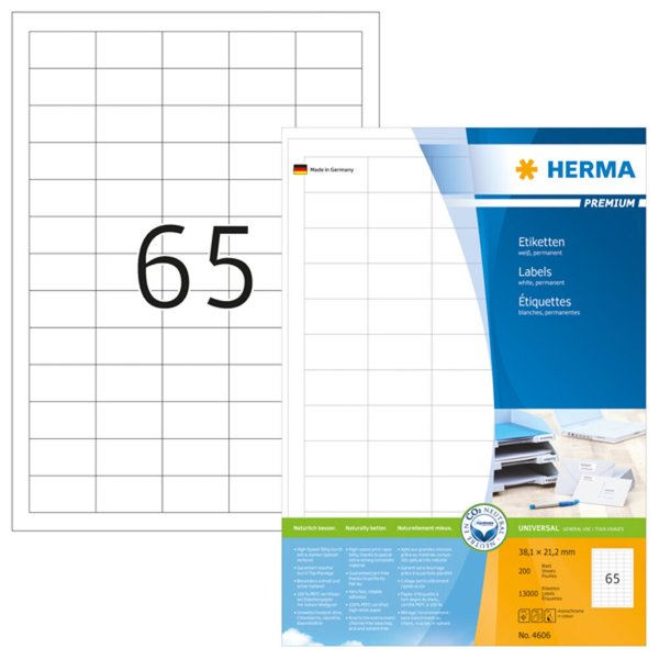 Image HERMA Etiketten A4 weiß 38,1x21,2 mm Papier matt 13000 St.