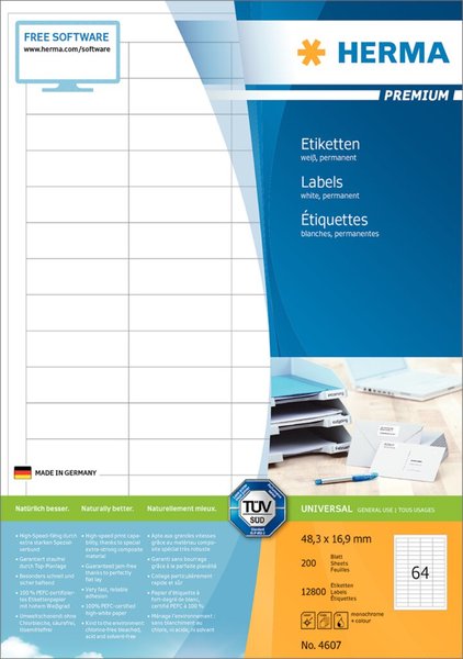 Image HERMA Etiketten A4 weiß 48,3x16,9 mm Papier matt 12800 St.