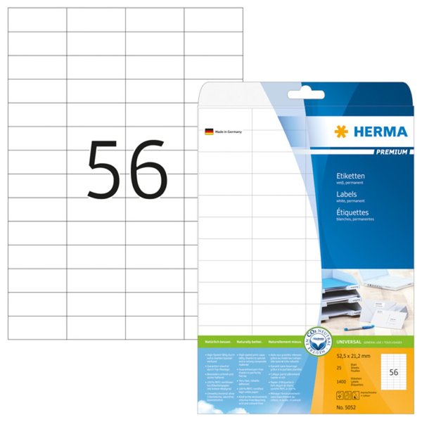 Image HERMA Etiketten A4 weiß 52,5x21,2 mm Papier matt 1400 St.