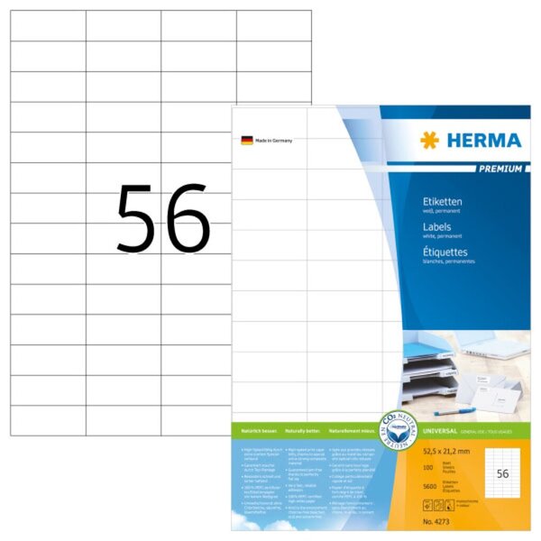 Image HERMA Etiketten A4 weiß 52,5x21,2 mm Papier matt 5600 St.