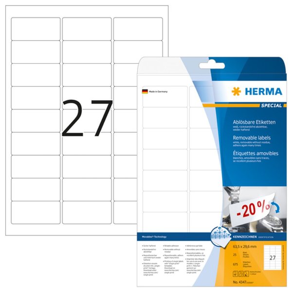 Image HERMA Etiketten A4 weiß 63,5x29,6 mm ablösbar Papier 675 St.