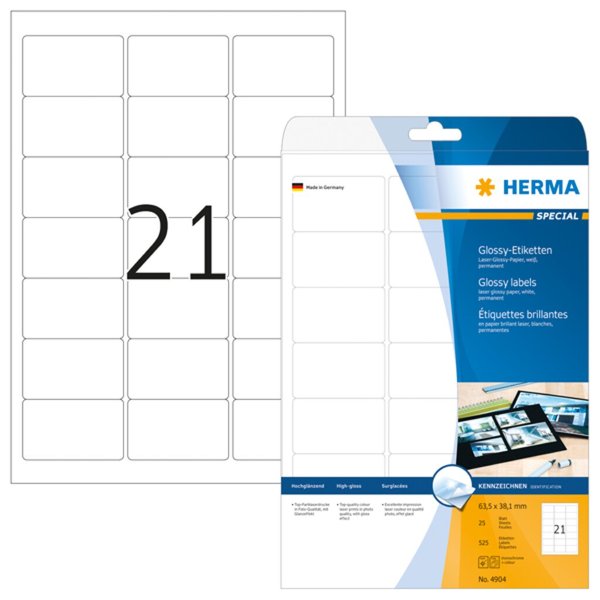 Image HERMA Etiketten A4 weiß 63,5x38,1   mm Papier glänz. 525 St.