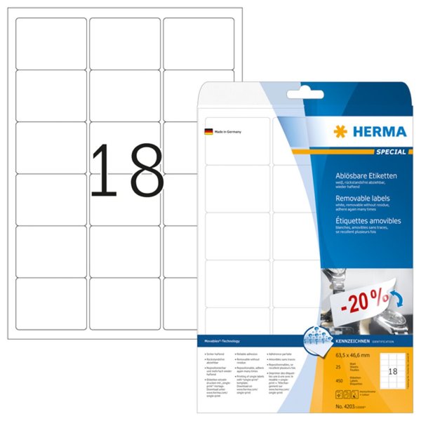 Image HERMA Etiketten A4 weiß 63,5x46,6 mm ablösbar Papier 450 St.