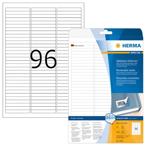 Image HERMA Etiketten A4 weiß 63,5x8,5  mm ablösb. Papier 2400 St.