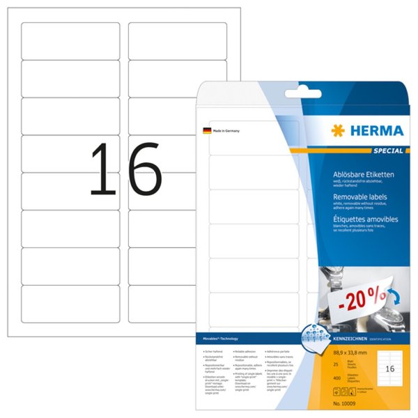 Image HERMA Etiketten A4 weiß 88,9x33,8 mm ablösbar Papier 400 St.