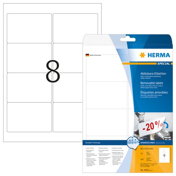 Image HERMA Etiketten A4 weiß 96x63,5   mm ablösbar Papier 200 St.