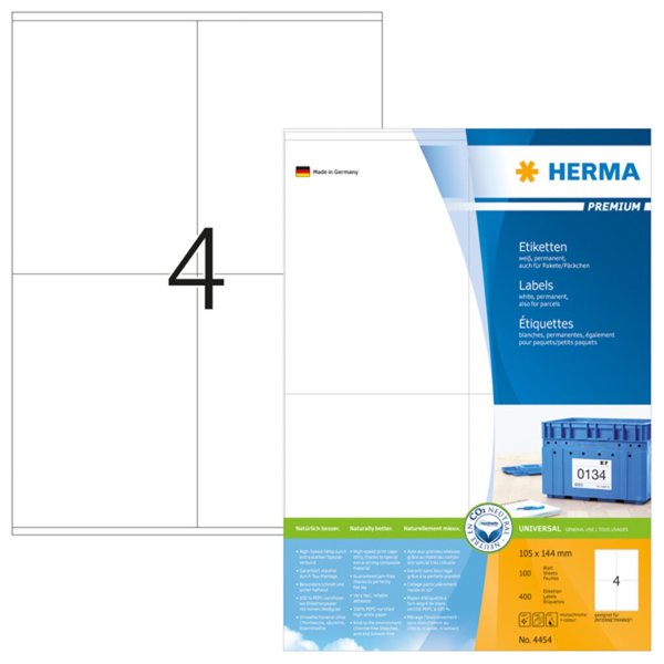 Image HERMA Etiketten Premium A4 weiß 105x144 mm Papier  400 St.