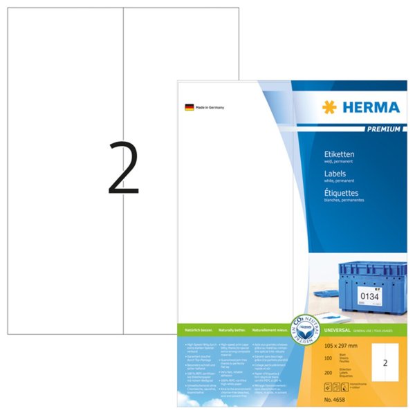 Image HERMA Etiketten Premium A4 weiß 105x297  mm Papier  200 St.