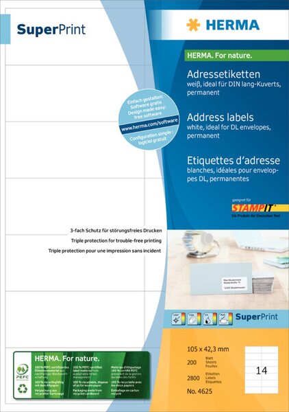 Image HERMA Etiketten Premium A4 weiß 105x42,3 mm Papier 2800 St.
