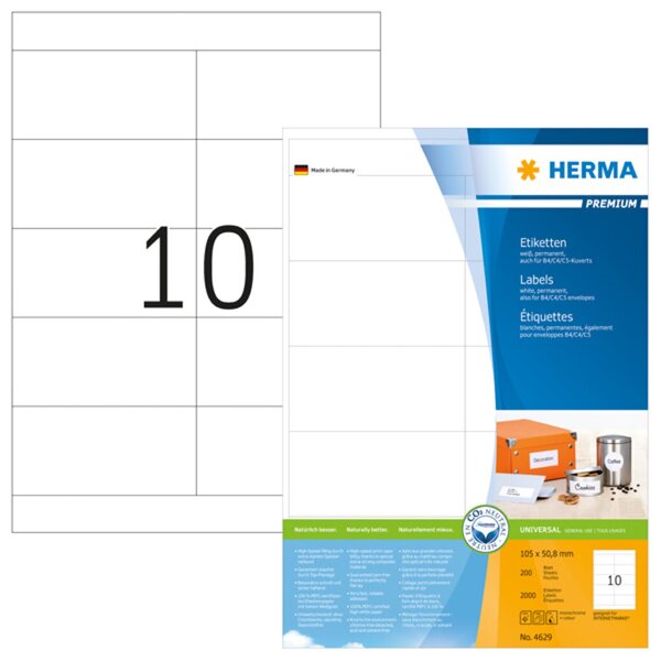 Image HERMA Etiketten Premium A4 weiß 105x50,8 mm Papier 2000 St.
