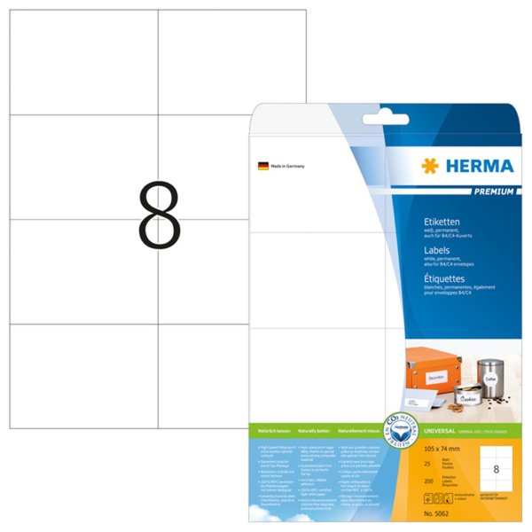 Image HERMA Etiketten Premium A4 weiß 105x74    mm Papier 200 St.