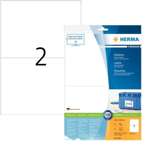 Image HERMA Etiketten Premium A4 weiß 210x148   mm Papier  20 St.