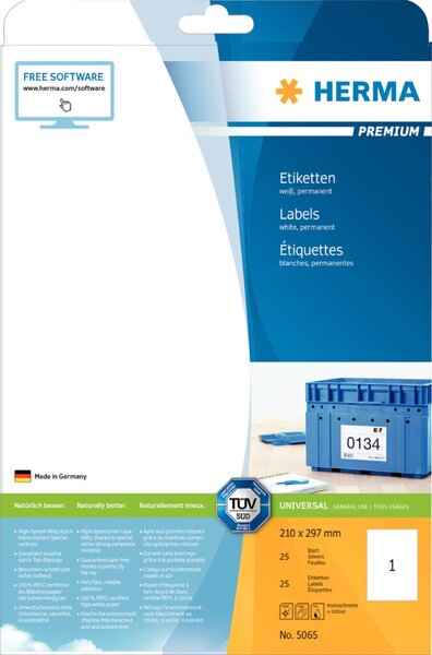 Image HERMA Etiketten Premium A4 weiß 210x297   mm Papier  25 St.