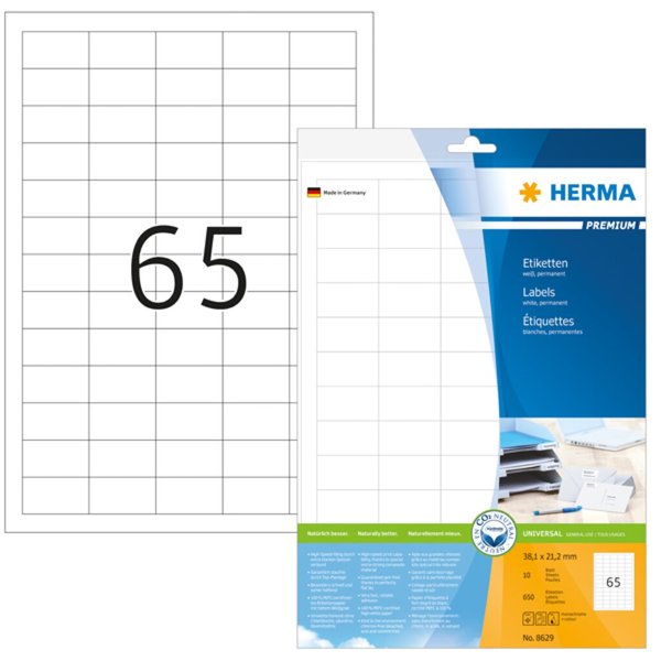 Image HERMA Etiketten Premium A4 weiß 38,1x21,2 mm Papier 650 St.