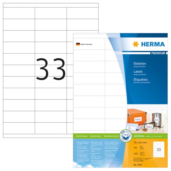 Image HERMA Etiketten Premium A4 weiß 70x25,4 mm Papier 3300 St.