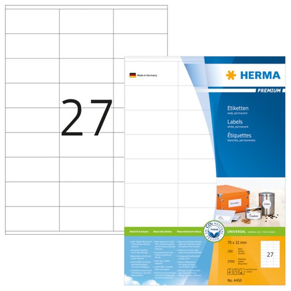 Image HERMA Etiketten Premium A4 weiß 70x32   mm Papier 2700 St.