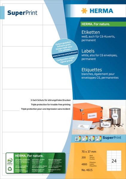 Image HERMA Etiketten Premium A4 weiß 70x37    mm Papier 4800 St.