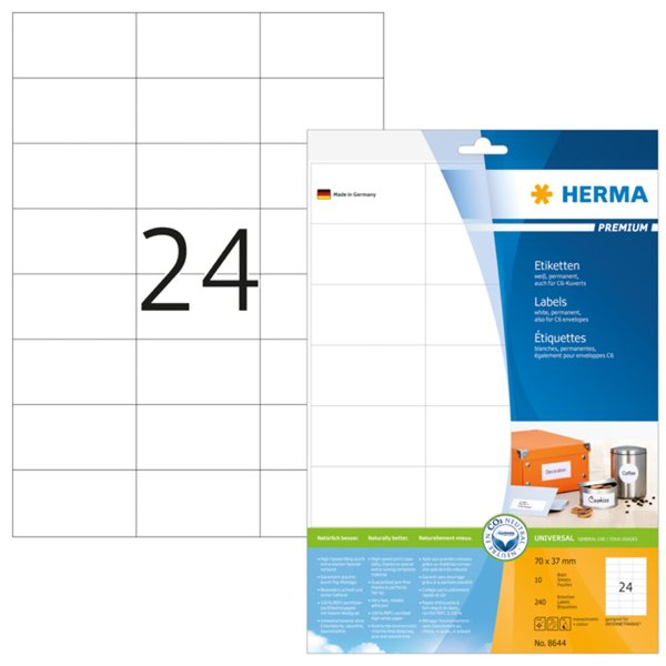 Image HERMA Etiketten Premium A4 weiß 70x37     mm Papier 240 St.