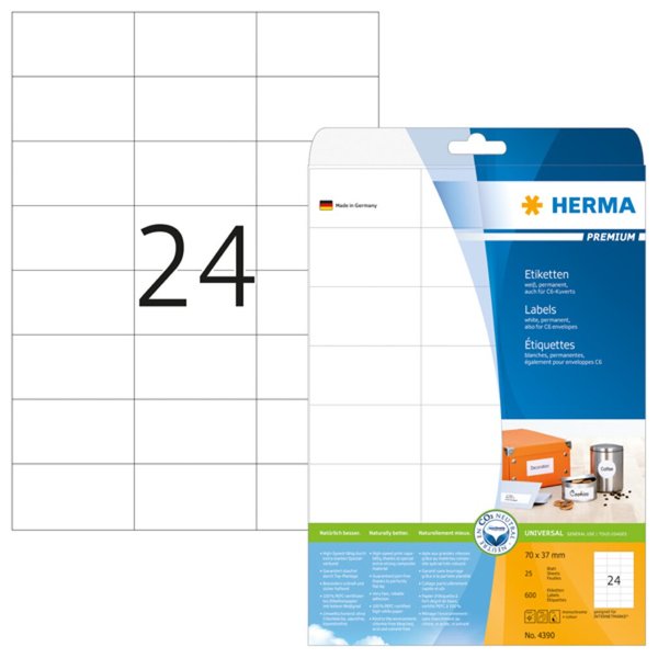 Image HERMA Etiketten Premium A4 weiß 70x37   mm Papier  600 St.