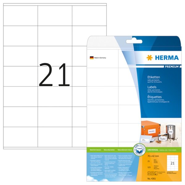 Image HERMA Etiketten Premium A4 weiß 70x42   mm Papier 525 St.