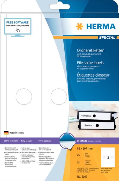 Image HERMA Hängeordneretik. A4 weiß 63x297 mm Papier opak  75 St.