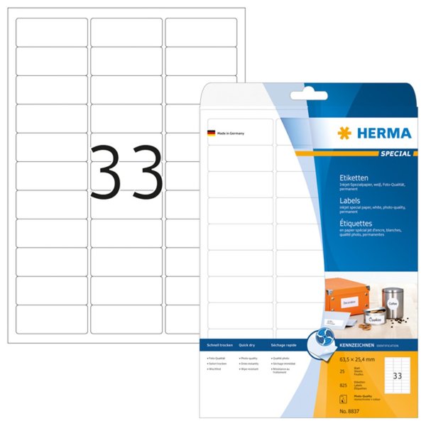 Image HERMA Inkjet-Etiketten A4 weiß 63,5x25,4 mm Papier  825 St.
