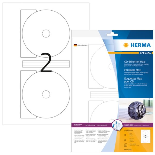 Image HERMA Inkjet CD-Etik. Maxi A4 weiß 116 mm glänz. 20 St.