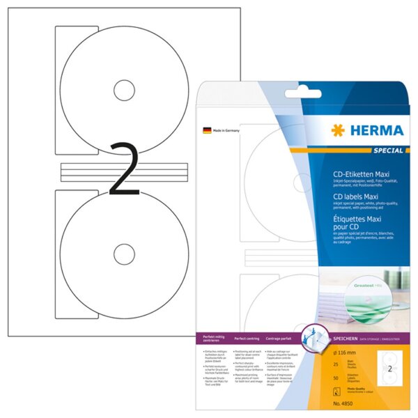 Image HERMA Inkjet CD-Etiketten A4 weiß 116 mm Papier 50 St.