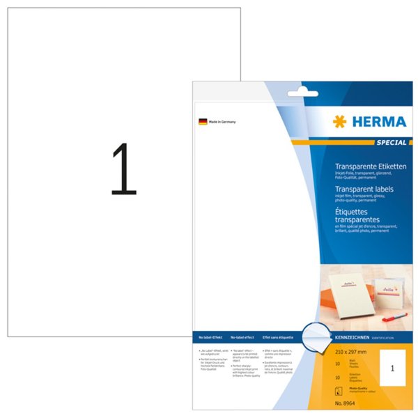 Image HERMA Inkjet Folien-Etik. A4 transp 210x297 mm glänz. 10 St.