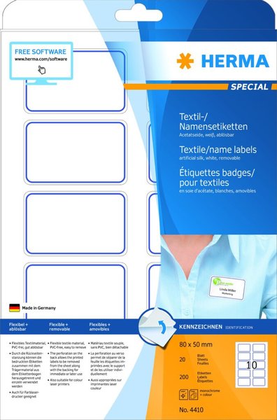 Image HERMA Namensetiketten 80 x 50 mm, Acetat-Seide, blauer Rand selbstklebend, flex