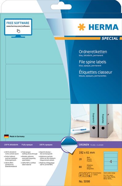 Image HERMA Ordneretiketten A4 blau 192x61 mm Papier opak  80 St.