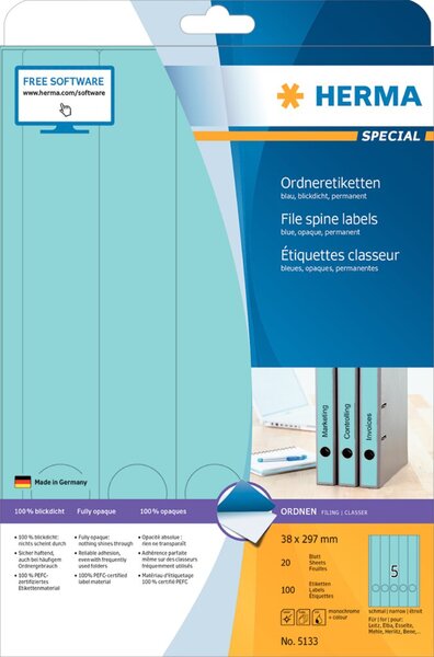 Image HERMA Ordneretiketten A4 blau 38x297 mm Papier opak 100 St.
