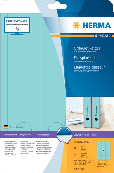Image HERMA Ordneretiketten A4 blau 61x297 mm Papier opak  60 St.