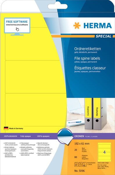Image HERMA Ordneretiketten A4 gelb 192x61 mm Papier opak  80 St.