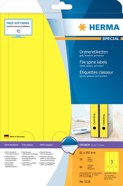 Image HERMA Ordneretiketten A4 gelb 61x297 mm Papier opak  60 St.