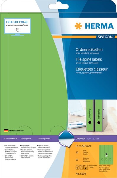 Image HERMA Ordneretiketten A4 grün 61x297 mm Papier opak  60 St.