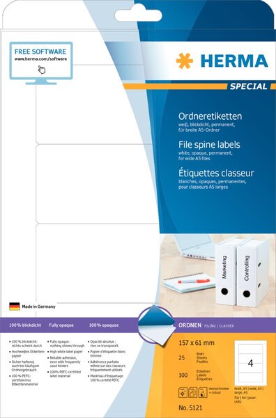 Image HERMA Ordneretiketten A4 weiß 157x61 mm Papier opak 100 St.