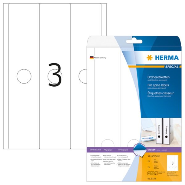 Image HERMA Ordneretiketten A4 weiß 59x297 mm Papier opak  75 St.