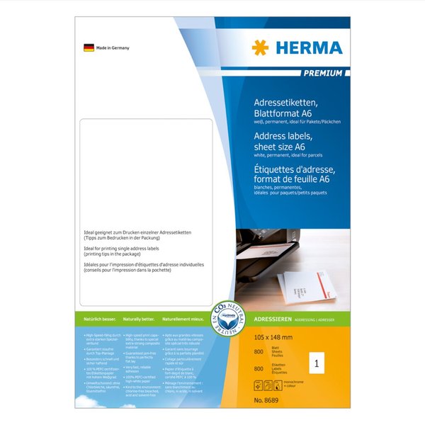 Image HERMA PREMIUM Universal-Etiketten, 105 x 148 mm, weiß für Inkjet, Laserdrucker 