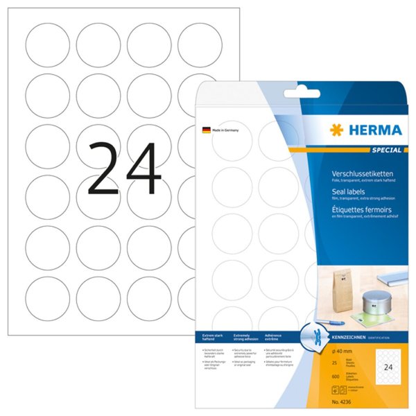 Image HERMA Verschlussetiketten transparent 40 mm Folie 600 St.