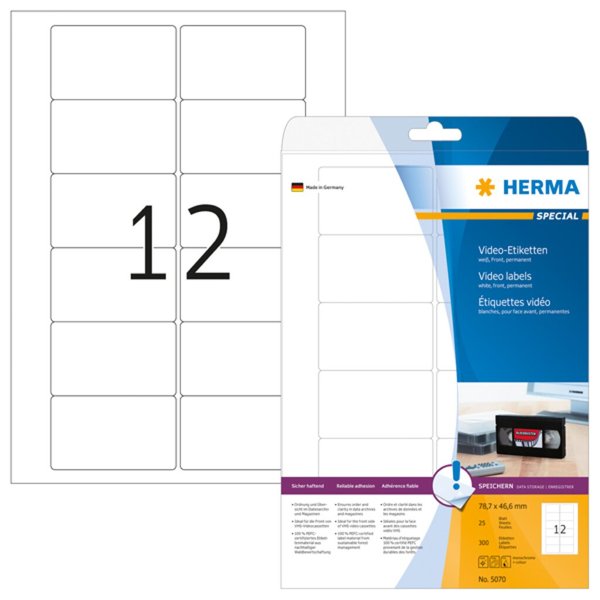 Image HERMA Video-Etiketten A4 weiß 78,7x46,6 mm Papier 300 St.