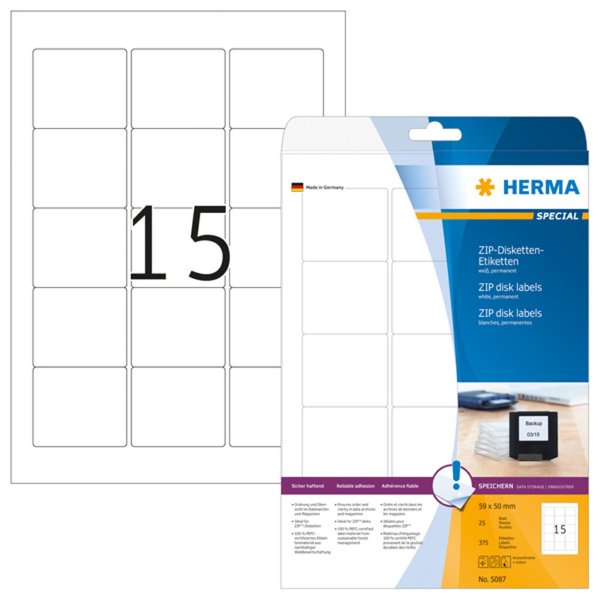 Image HERMA ZIP-Disk-Etiketten A4 weiß 59x50 mm Papier 375 St.