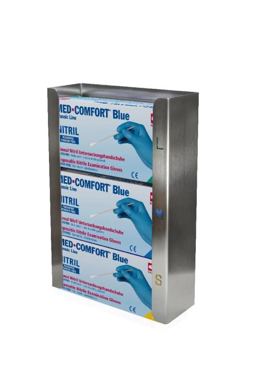 Image Handschuhboxen-Halterung Edelstahl 3-fach | Farbe silber Handschuh-Dispenserhalter aus Edelstahl mit eingestanzten Größen für 3 Handschuhspenderboxen