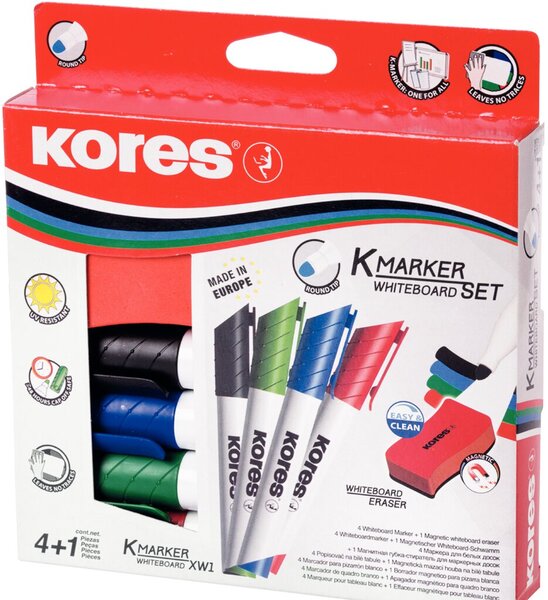 Image KORES Whiteboard-Marker Set, 4 Marker + Tafellöscher K MARKER: Rundspitze, Stri