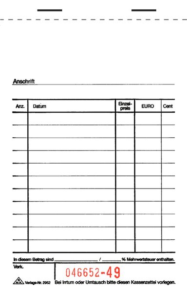 Image Kassenzettel-Block 10x15cm 2-fach Deckblatt sw, 2.Bl rot, oben geheftet