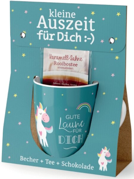 Image Becher+Tee+Schokolade Motiv Einhorn Becher 250 ml, Vollmilchschokolade 40g